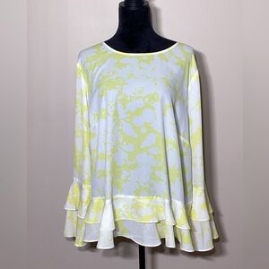 Worthington Woman Yellow and White Flower Ruffle Long Sleeve Blouse Size 2X